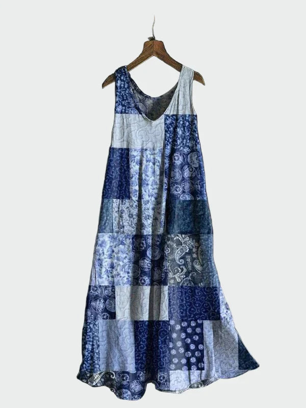 Kjole med Blå Patchwork Mønster