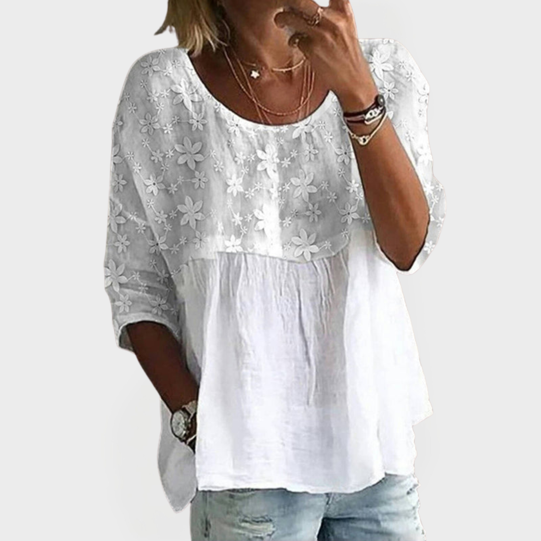 Patchwork Bluse med Broderede Blomster
