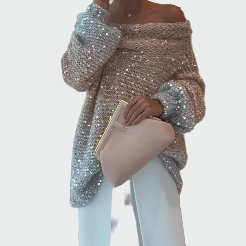 Strikket Turtleneck med Pailletter og En Skulder