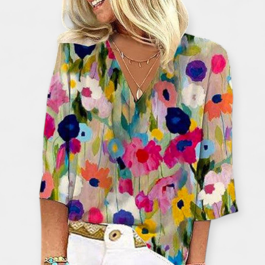 Blomstret Bluse med V-udskæring