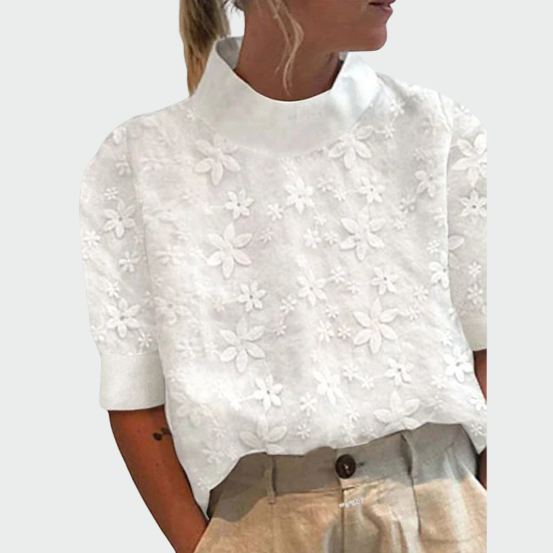 Broderet bluse med høj krave
