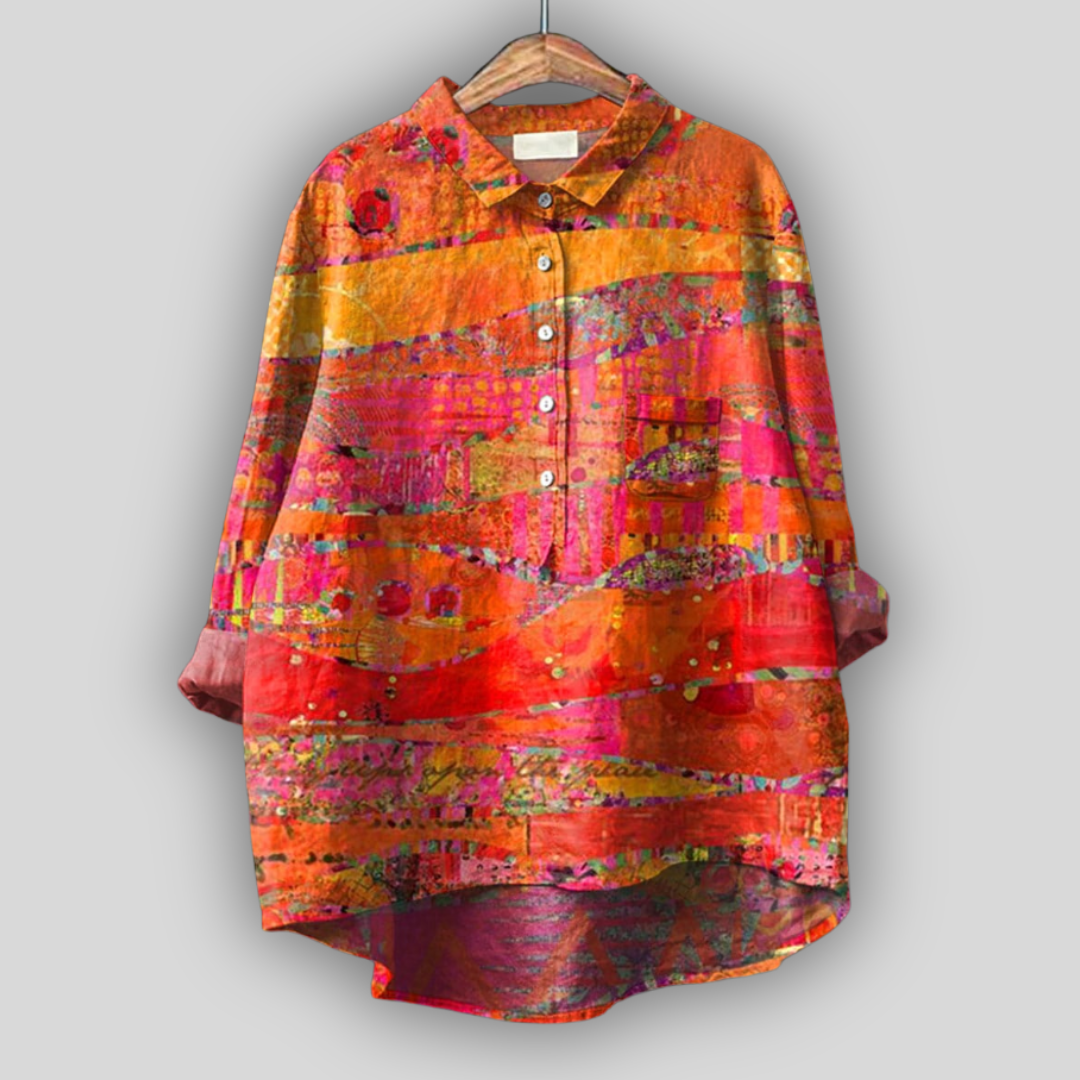 Farverig Linned Bluse med Kunstnerisk Mønster
