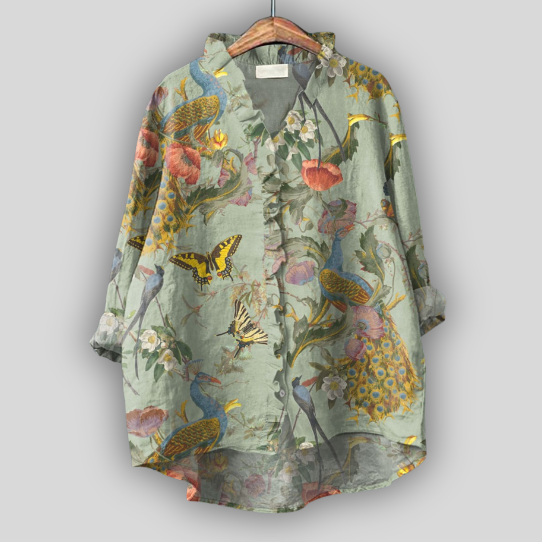 Linned Bluse “Haven af Påfugle”