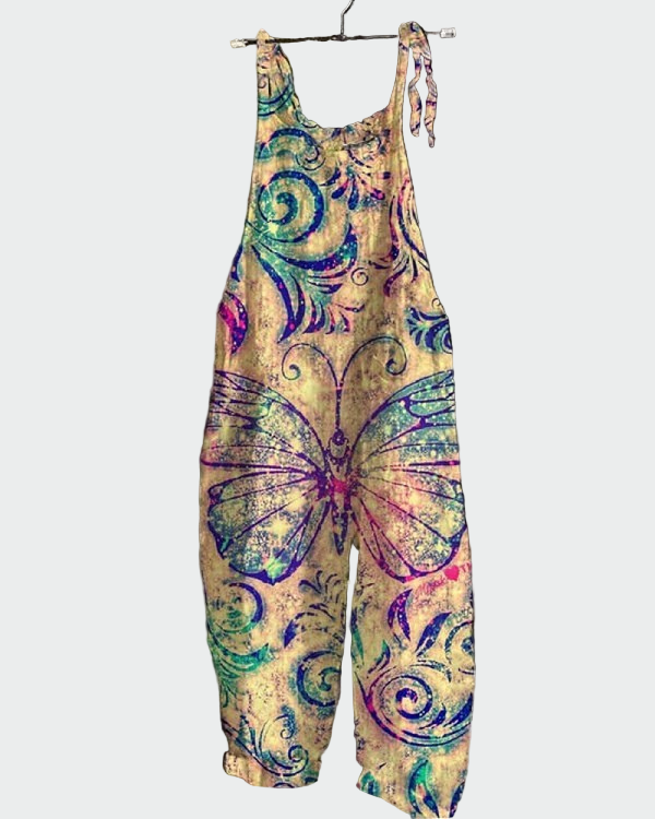 Retro jumpsuit med sommerfugleprint – Komfort og stil til enhver lejlighed