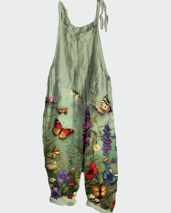 Kvindelig jumpsuit med blomster og sommerfugle – Komfort og elegance