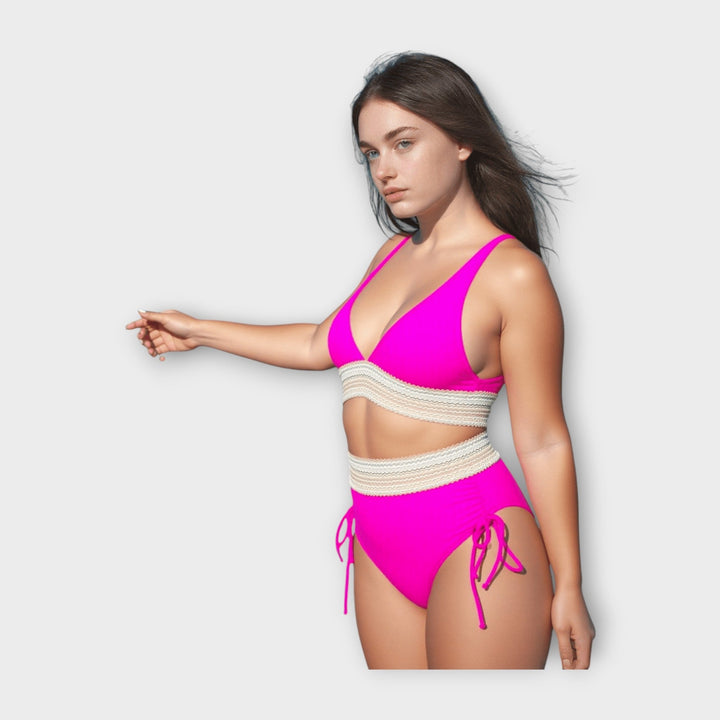 Bikini med Strikket Detalje og Højtaljet Trusse
