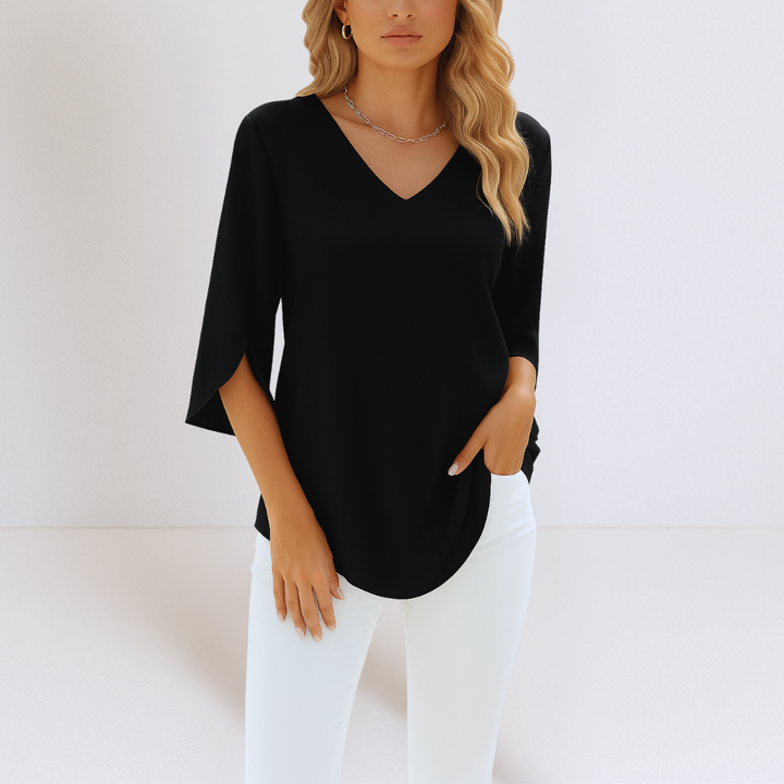Elegant Bluse med V-Udskæring og Åbne Ærmer