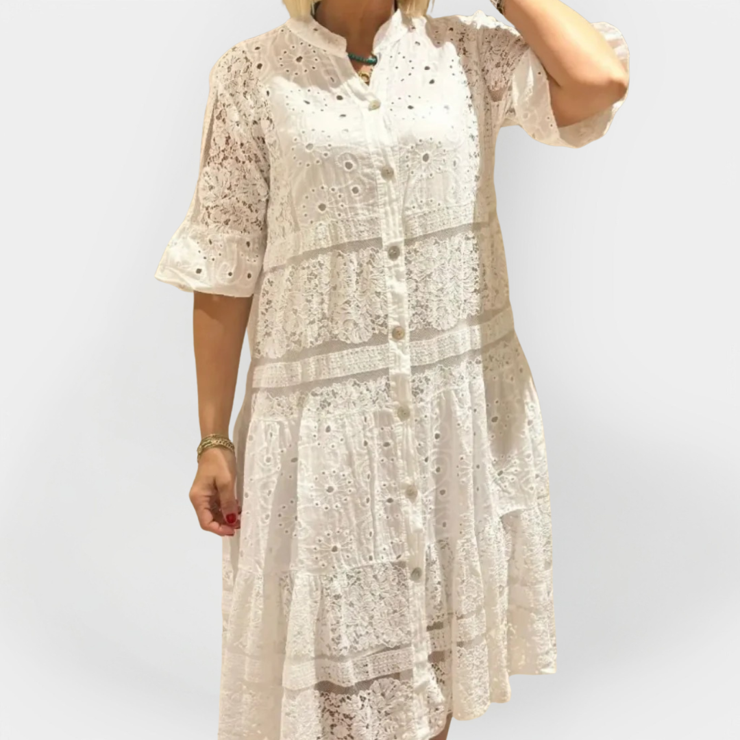 Lace Kjole med Ærmer og Frontknapper 
