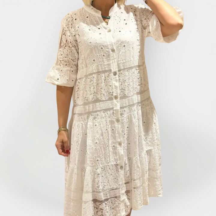 Lace Kjole med Ærmer og Frontknapper 
