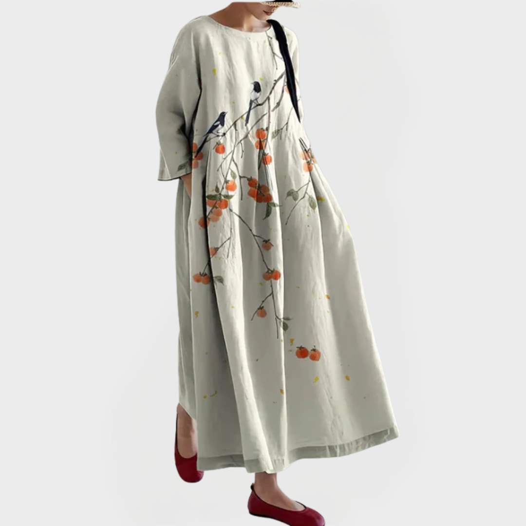 Elegant Maxikjole i Linned med Broderet Blomstret Blonde
