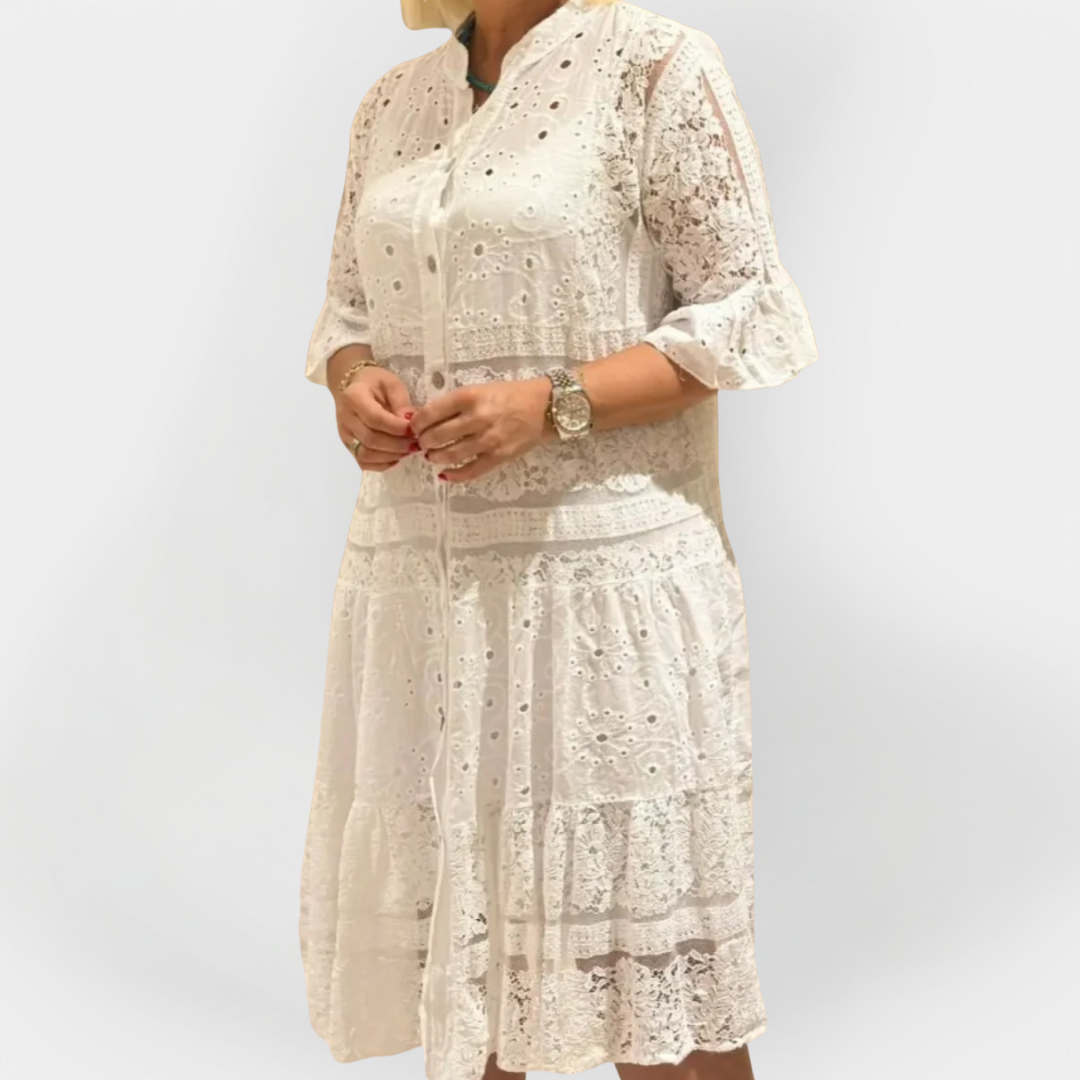 Lace Kjole med Ærmer og Frontknapper 