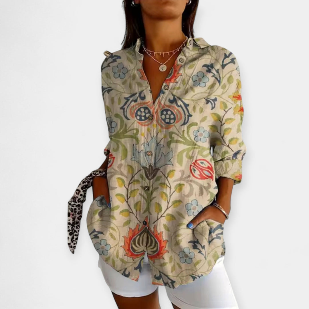 Bluse med Knapper og Blomsterdesign