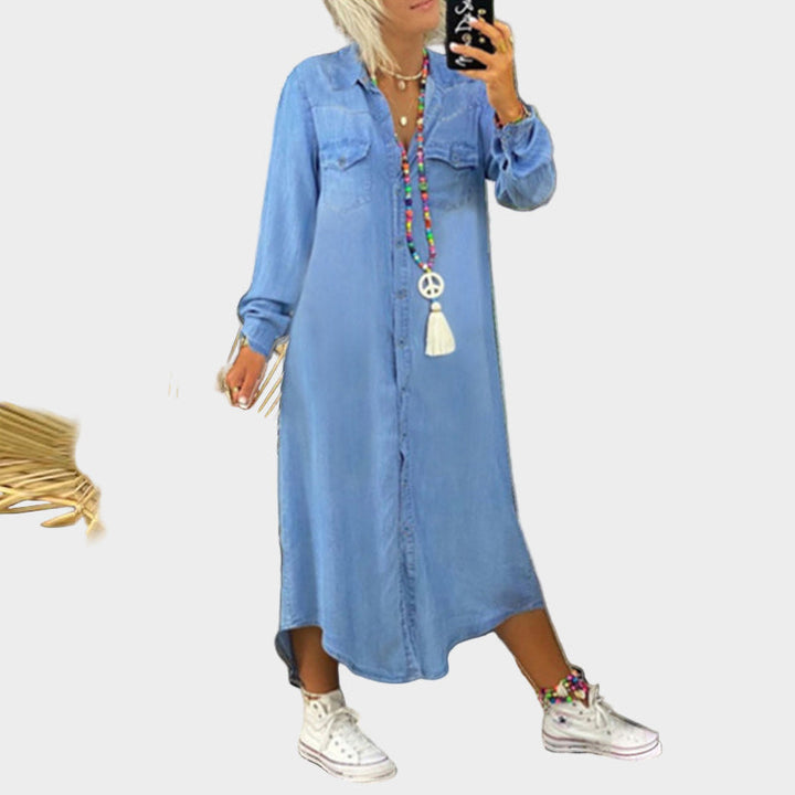 Langærmet denim maxikjole