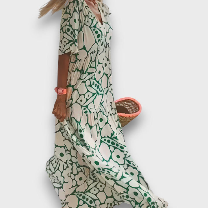 Lang Kjole med Blomsterdesign og Knapper