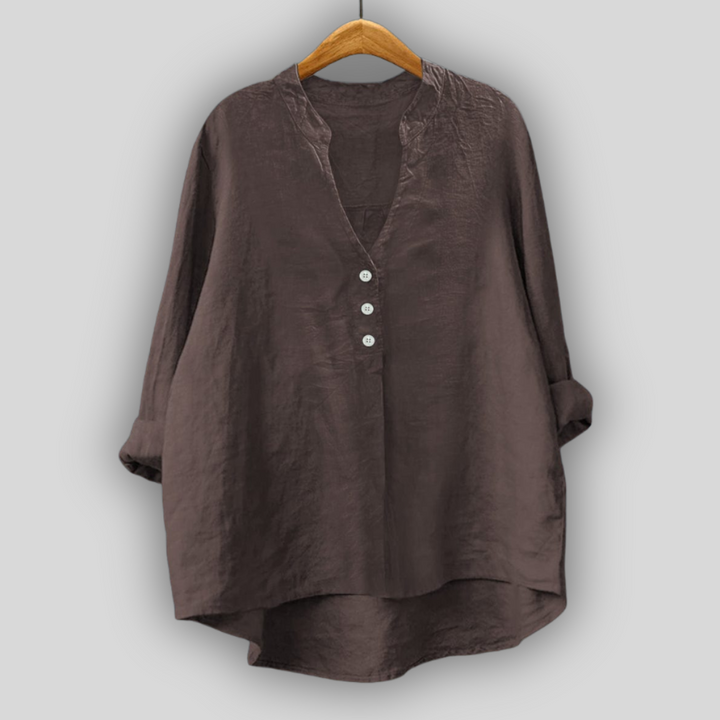 Brun linned bluse med knapper