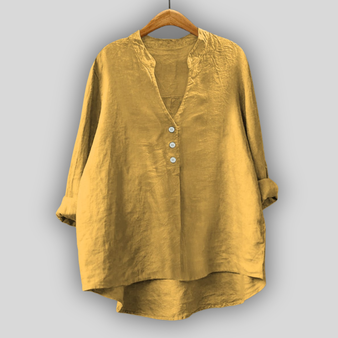 Brun linned bluse med knapper