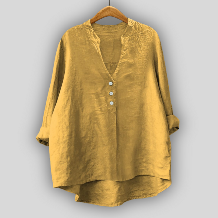 Brun linned bluse med knapper