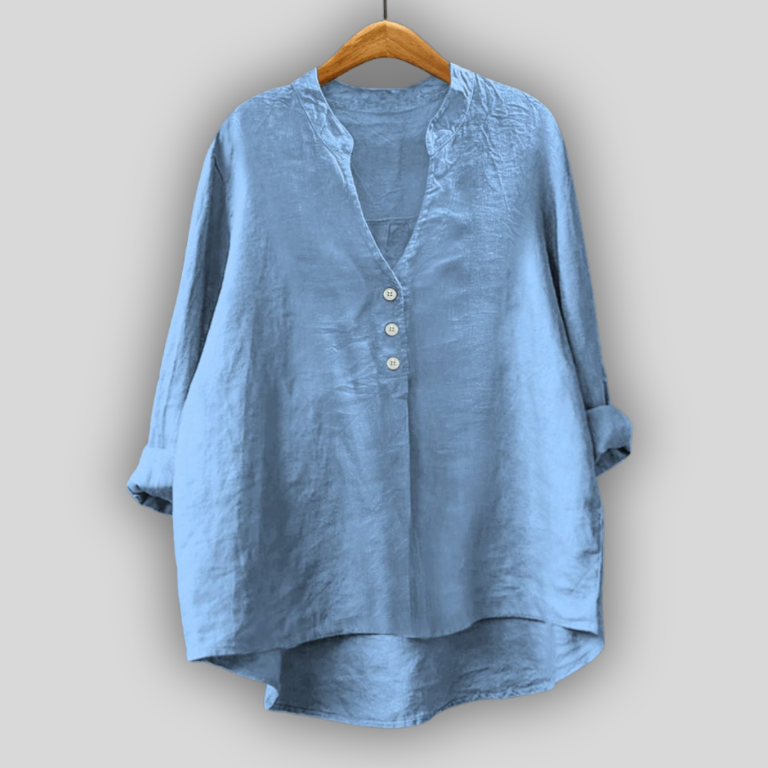 Brun linned bluse med knapper