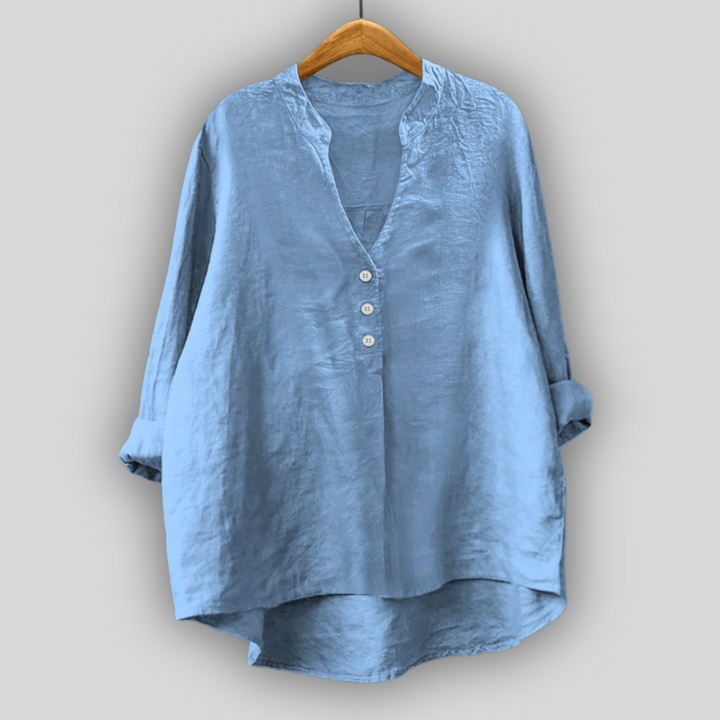 Brun linned bluse med knapper