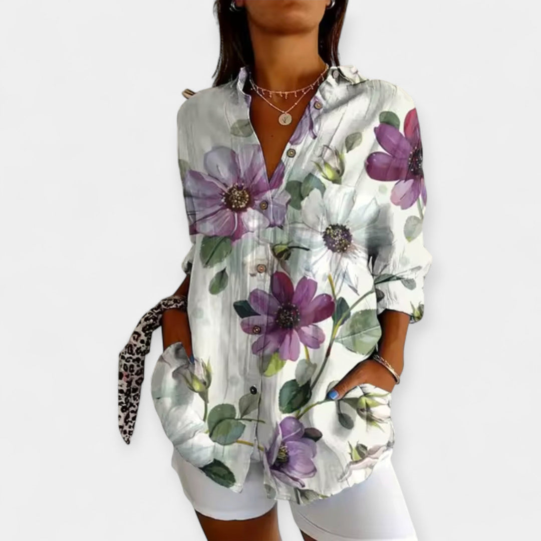 Bluse med Knapper og Blomsterdesign