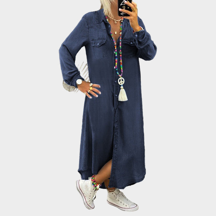 Langærmet denim maxikjole