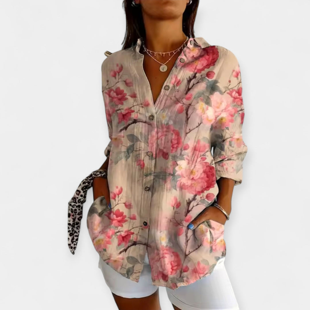 Bluse med Knapper og Blomsterdesign