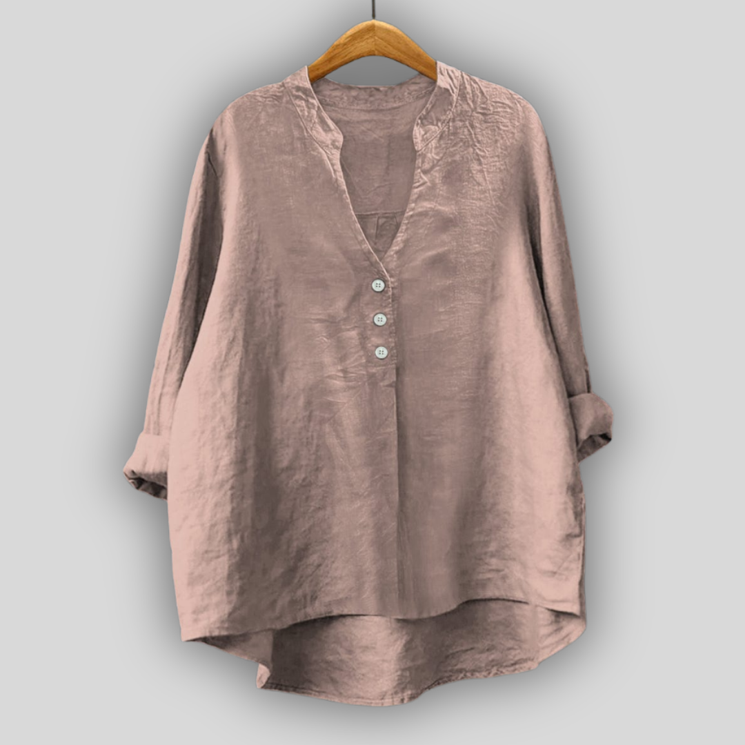 Brun linned bluse med knapper