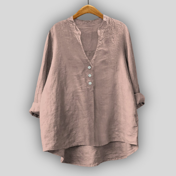 Brun linned bluse med knapper