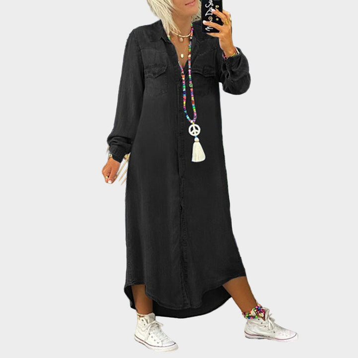 Langærmet denim maxikjole