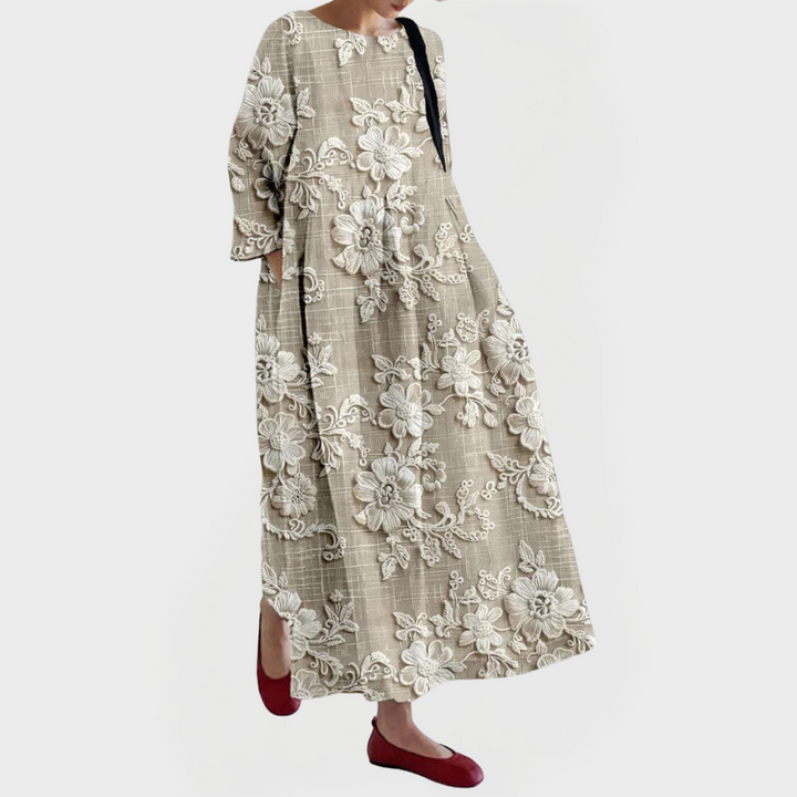 Elegant Maxikjole i Linned med Broderet Blomstret Blonde