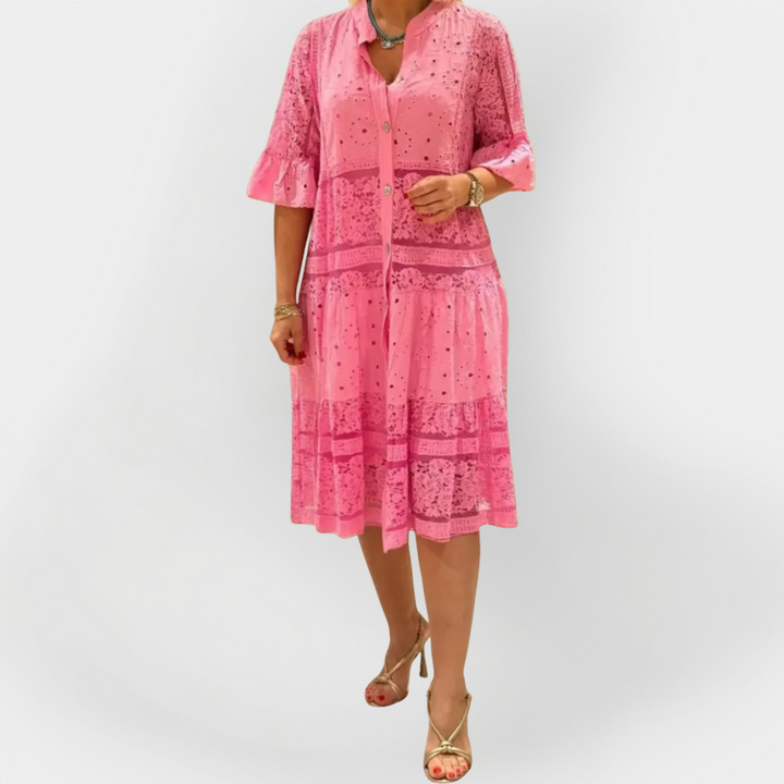 Lace Kjole med Ærmer og Frontknapper 