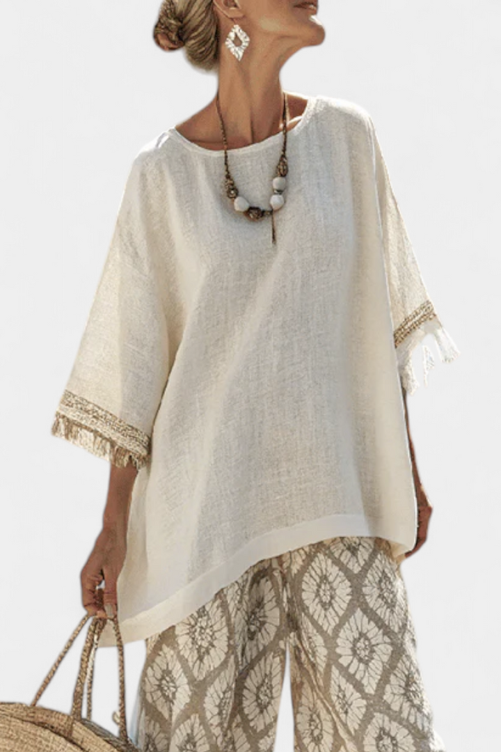 Boho Chic Daisy Sæt: Lang Bluse og Mønstrede Bukser til Unik Stil