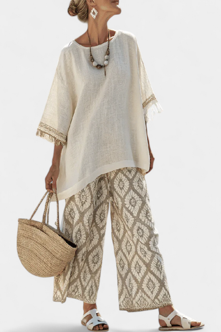 Boho Chic Daisy Sæt: Lang Bluse og Mønstrede Bukser til Unik Stil