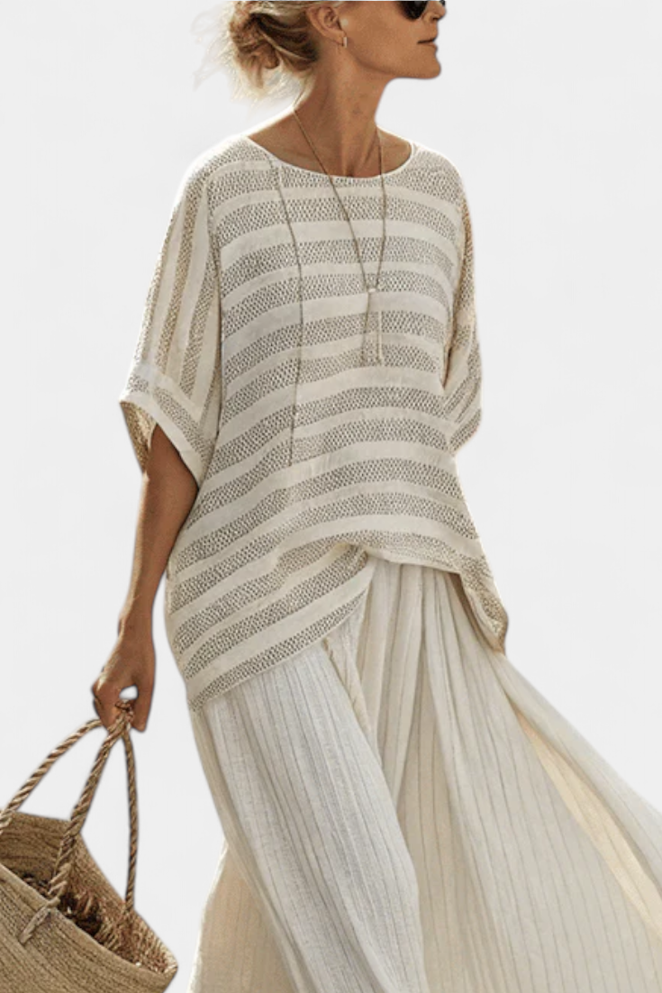Sæt af bambuslinned Daisy med en elegant stribet bluse og flydende bukser til moderne og komfortabel stil