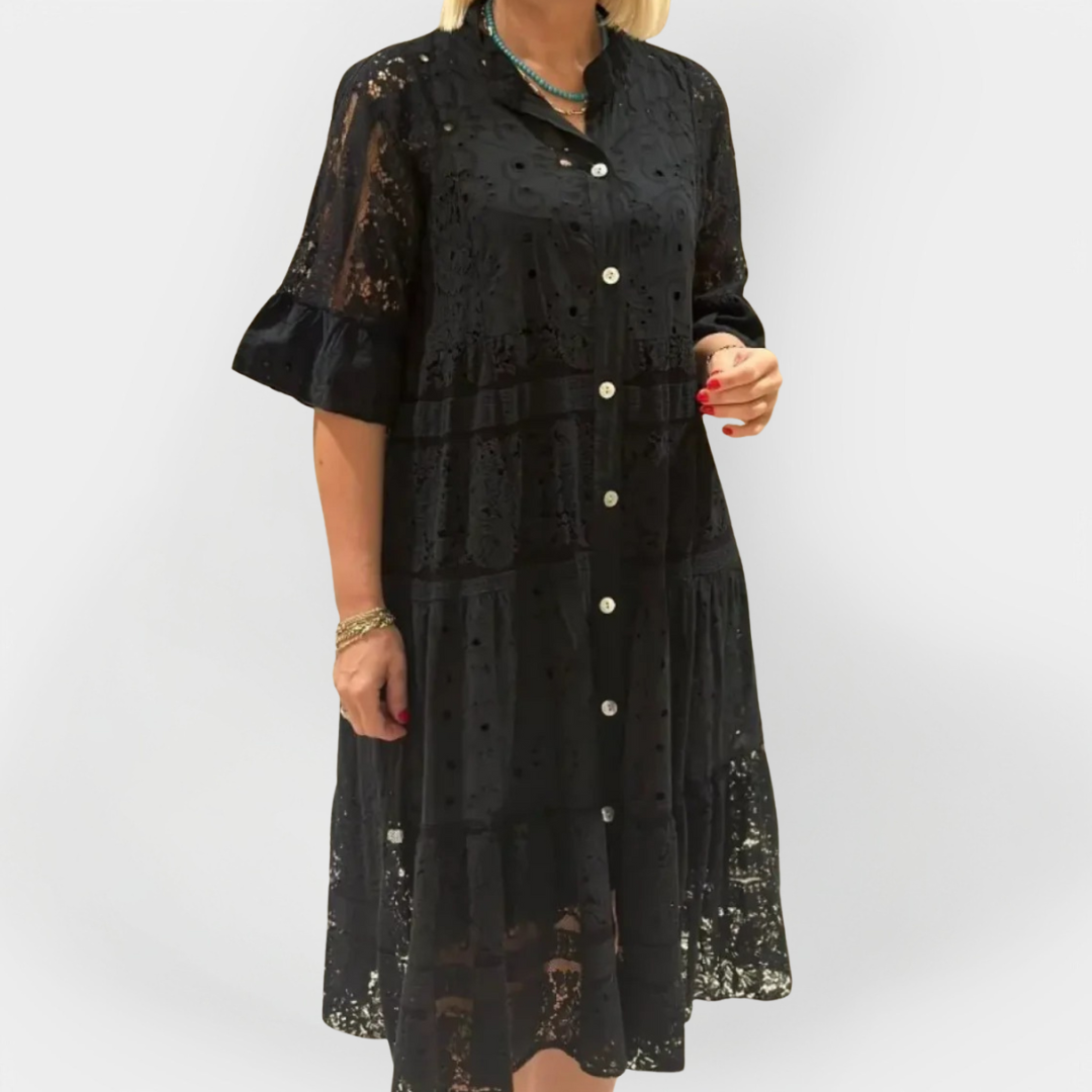Lace Kjole med Ærmer og Frontknapper 