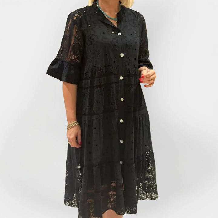 Lace Kjole med Ærmer og Frontknapper 