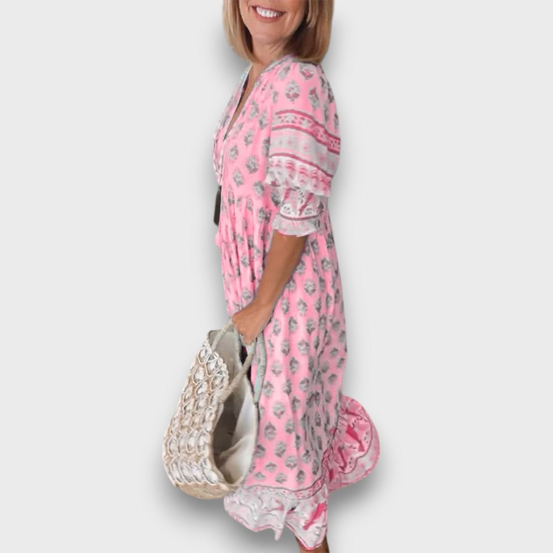 Luftigt Boho Kjole med 3/4 Ærmer og V-hals med Snore