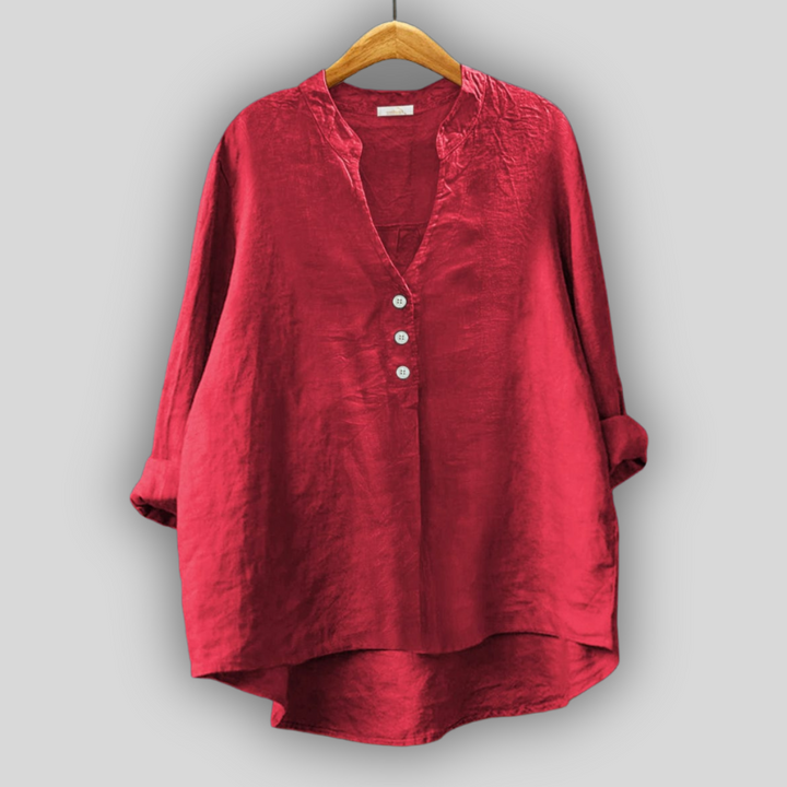 Brun linned bluse med knapper