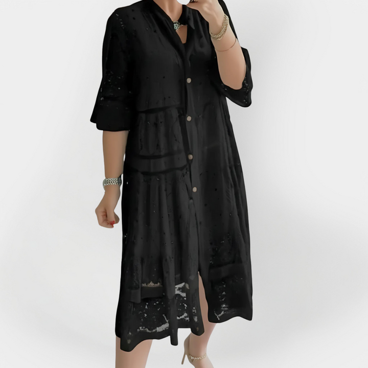 Lace Kjole med Ærmer og Frontknapper 