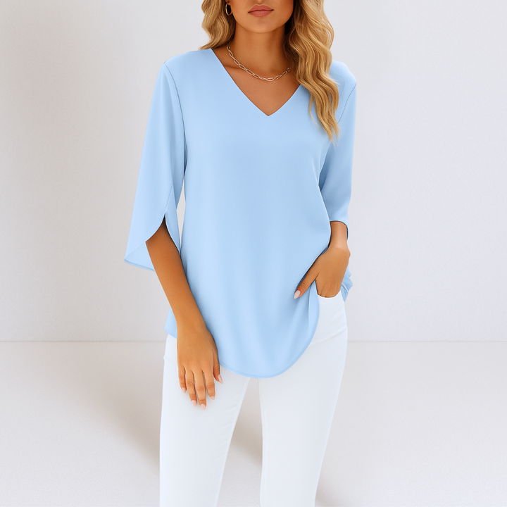 Elegant Bluse med V-Udskæring og Åbne Ærmer