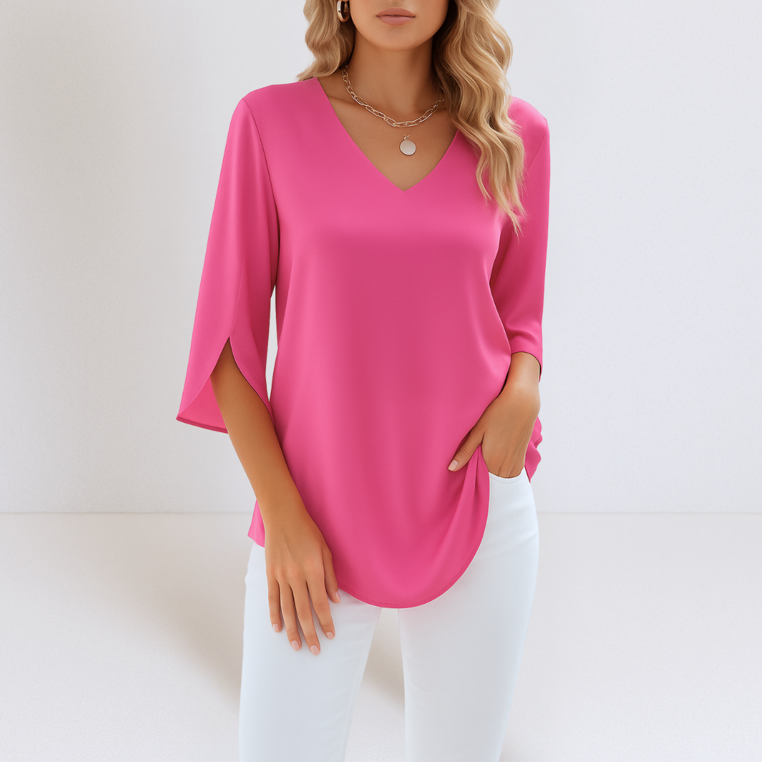 Elegant Bluse med V-Udskæring og Åbne Ærmer