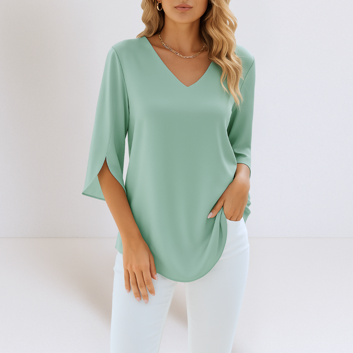 Elegant Bluse med V-Udskæring og Åbne Ærmer