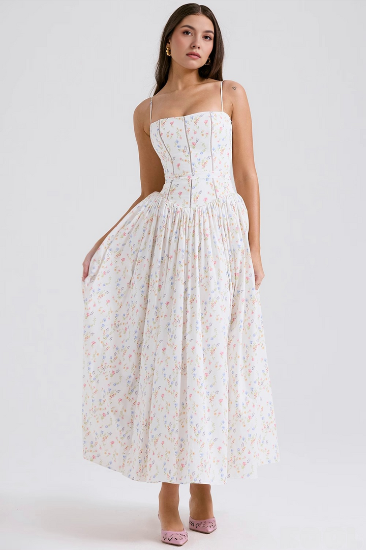 Maxi Kjole med Tynde Stropper og Blomsterdesign