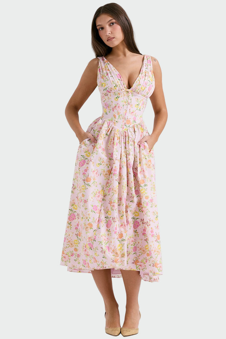 Midi Kjole med Romantisk Blomsterprint