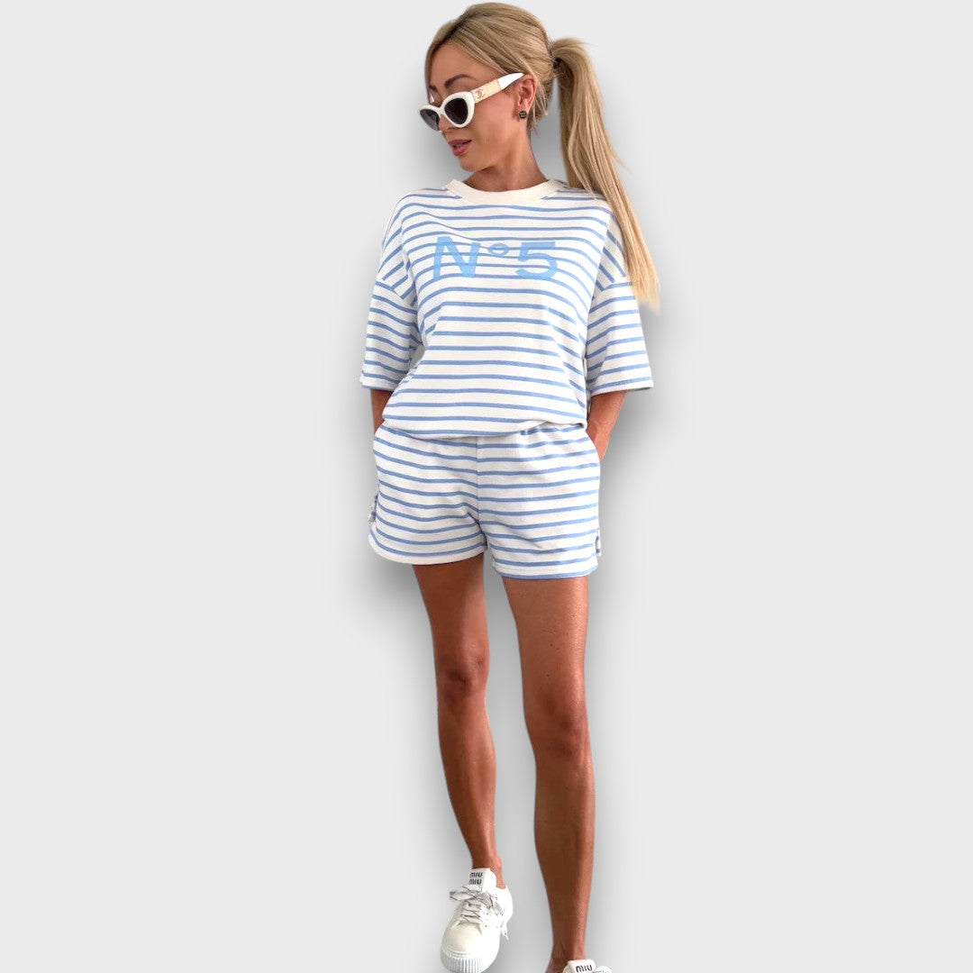 Stribet Sæt med T-Shirt og Shorts med Tryk