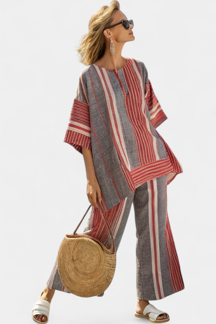 Oversize Daisy Overall i Linned med Røde Koraller og Grå Striber, Moderne og Behagelig Stil