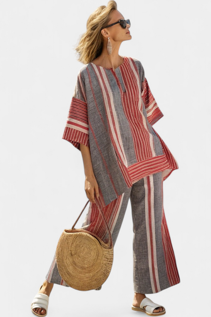 Oversize Daisy Overall i Linned med Røde Koraller og Grå Striber, Moderne og Behagelig Stil