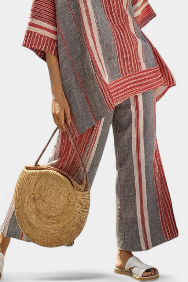 Oversize Daisy Overall i Linned med Røde Koraller og Grå Striber, Moderne og Behagelig Stil