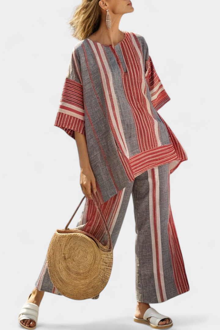 Oversize Daisy Overall i Linned med Røde Koraller og Grå Striber, Moderne og Behagelig Stil