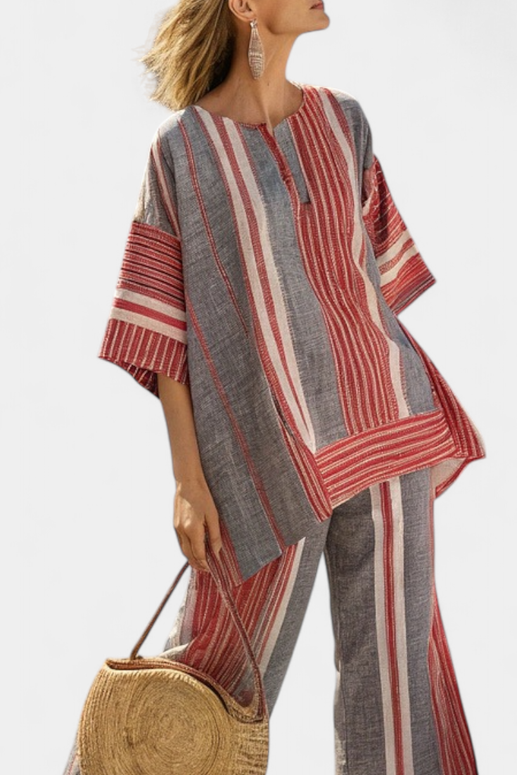 Oversize Daisy Overall i Linned med Røde Koraller og Grå Striber, Moderne og Behagelig Stil